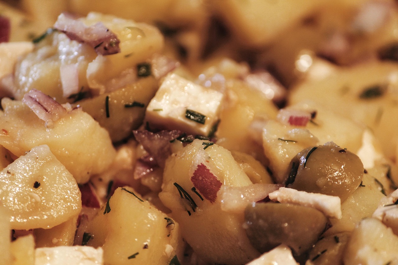 potatoes, potato salad, salad, olives, feta cheese, cheese, close up, herbs, food, eat, carbohydrates, appetizer, healthy, healthy food, potato salad, potato salad, potato salad, potato salad, potato salad